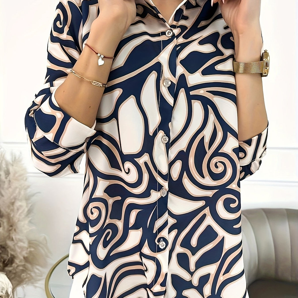  Abstract Stripe Print Long Sleeve Shirt Top