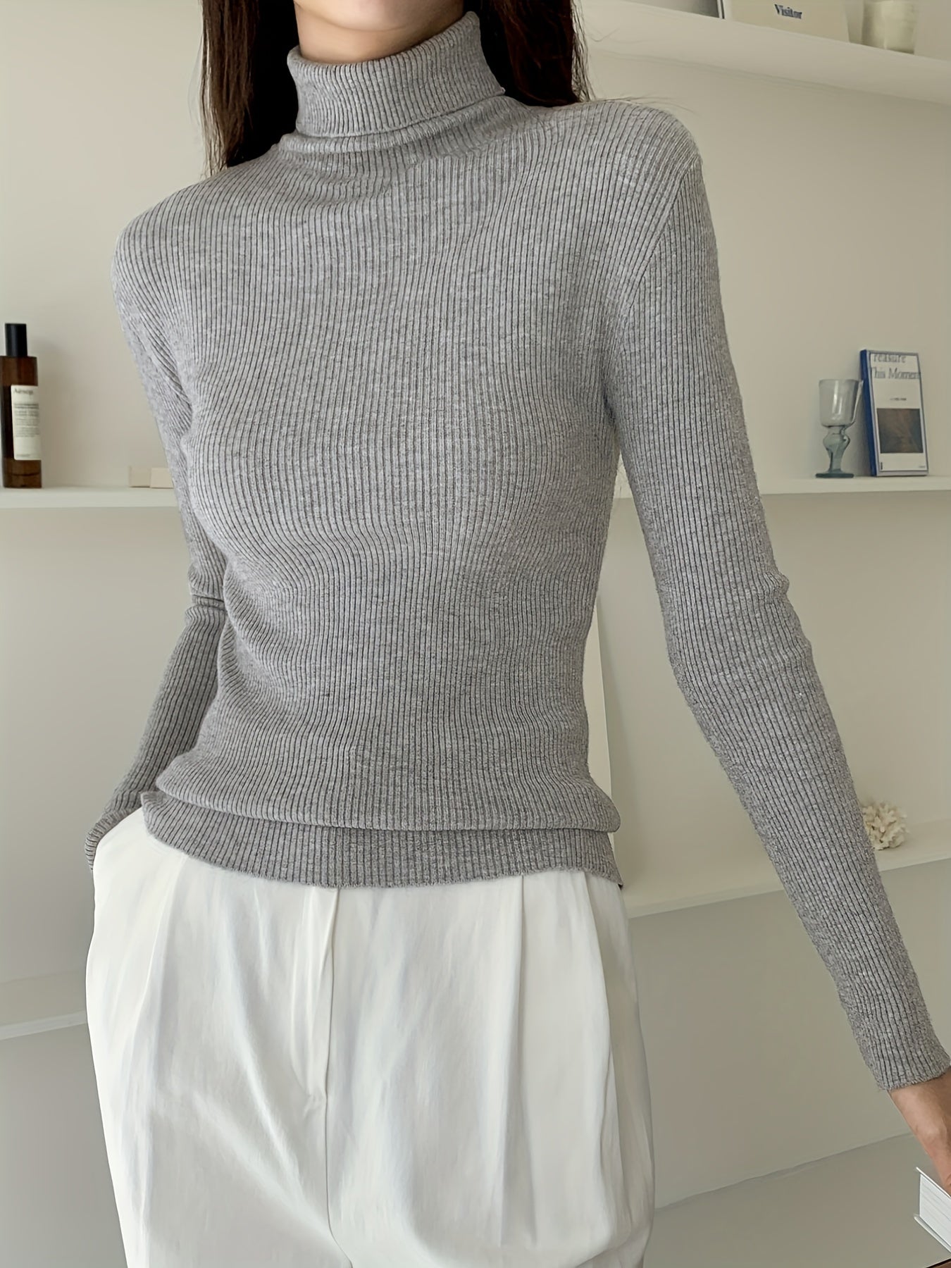 Women's Turtleneck Ribbed Sweater Slim Pullover Knit Top