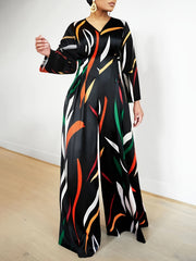  Colorful Stripe Print Long Sleeve Wide Leg Jumpsuit