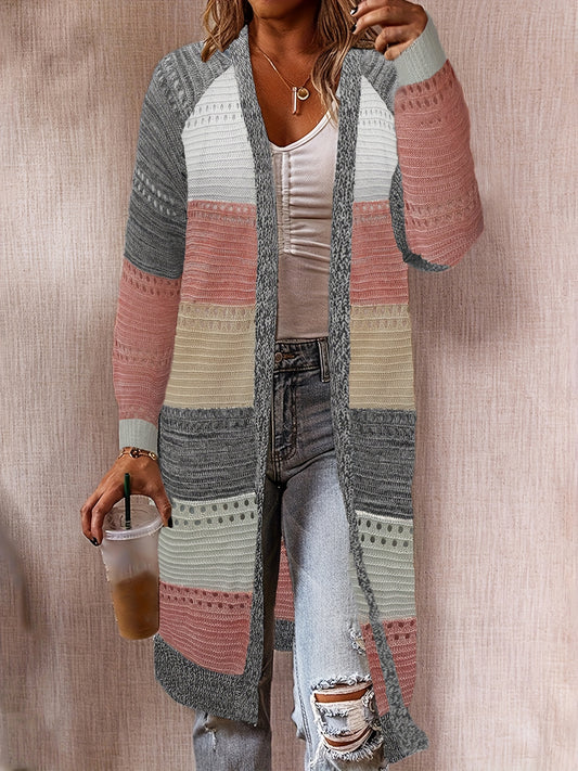  Colorblock Hollow Out Open Front Cardigan