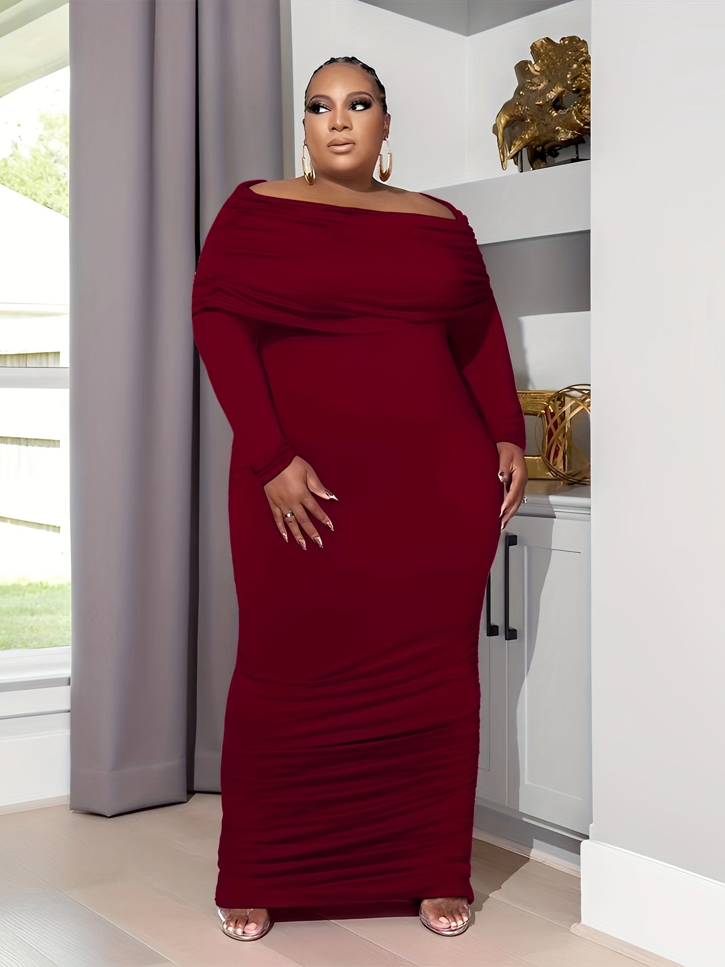  Off Shoulder Long Sleeve Maxi Dress