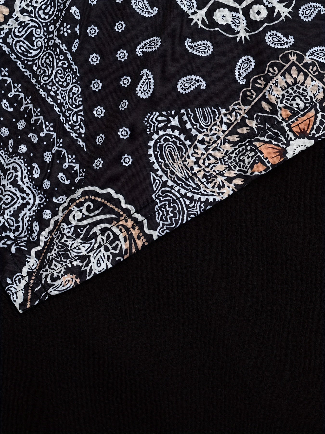  Boho Dress Colorblock Scarf & Paisley Print Short Sleeve V Neck Dress