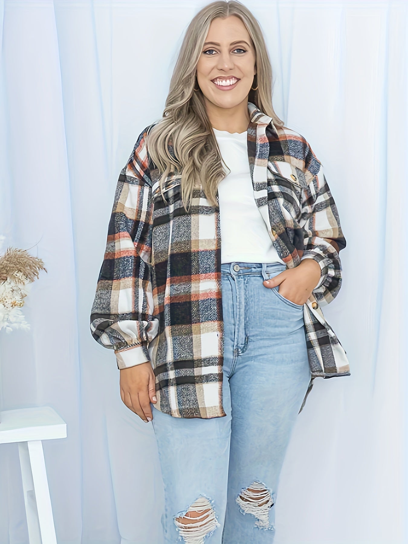  Plaid Print Button Up Long Sleeve Shacket