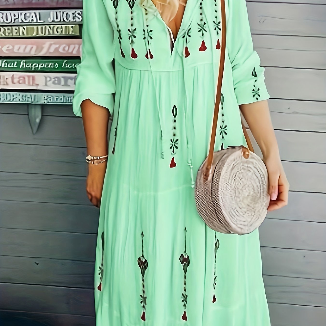 Women's Plus Geo Print Long Sleeve Boho Dress