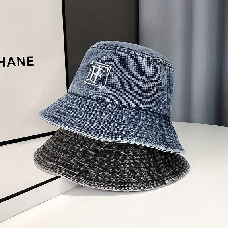 Embroidery Denim Bucket Hat Washed Distressed Vintage Basin Hat