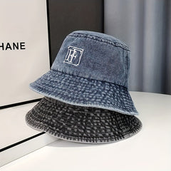 Embroidery Denim Bucket Hat Washed Distressed Vintage Basin Hat