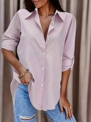  Stripe Print Button Up Roll Up Sleeve Blouse
