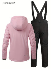 Snowflake Print Ski Set Long Sleeve Hooded Jacket & Suspender Trouser