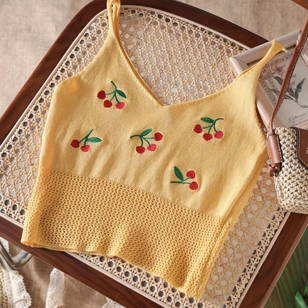 Cherry Pattern Embroidered Knit Crop Cami Top Cutout V Neck Summer Sleeveless