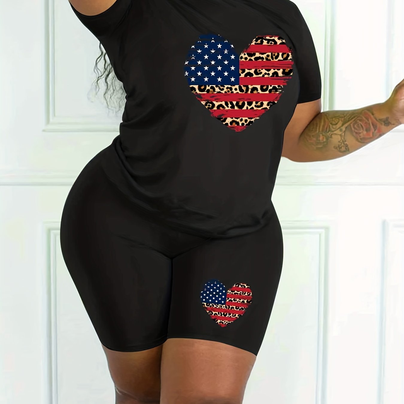  Colorblock Leopard & Heart & Flag Print Top & Shorts Set