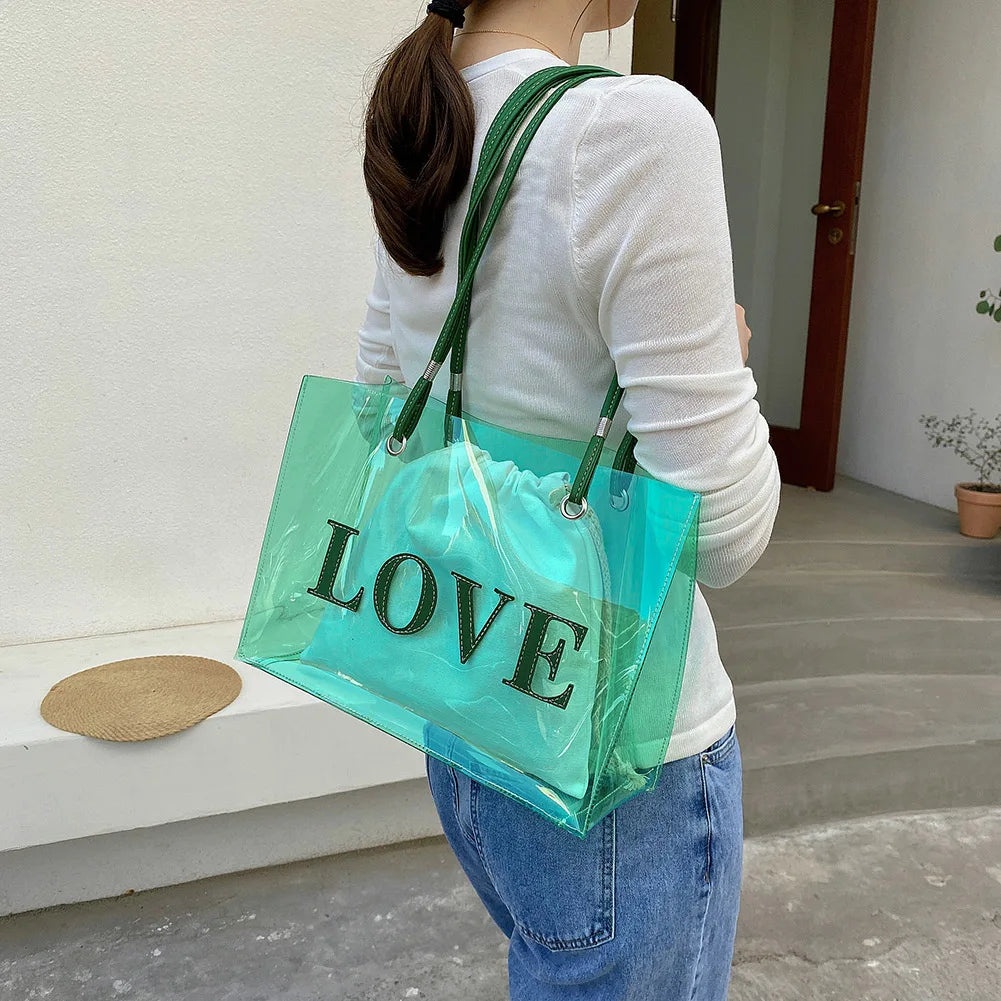 2pcs Transparent Letters Printing Tote Handbags Shoulder Underarm Bag