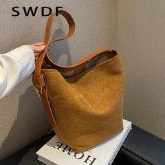 Vintage Nubuck Leather Shoulder Crossbody Bags for Women Winter Bucket Bags