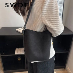 Vintage Nubuck Leather Shoulder Crossbody Bags for Women Winter Bucket Bags