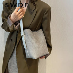 Vintage Nubuck Leather Shoulder Crossbody Bags for Women Winter Bucket Bags