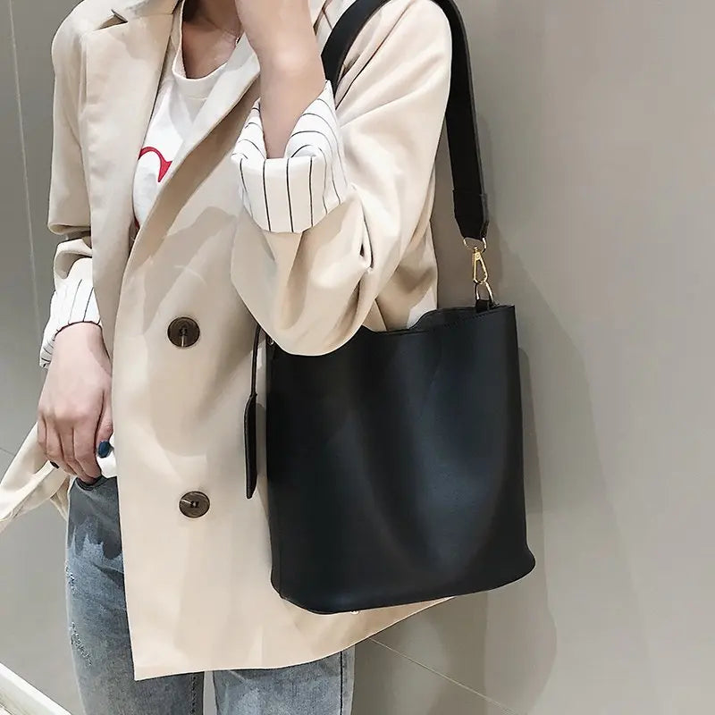 2-piece Set PU Leather Women's Handbags Casual Tote Female Bucket Shoulder Bag