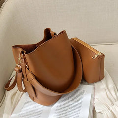 2-piece Set PU Leather Women's Handbags Casual Ladies Tote Bucket Crossbody Bag