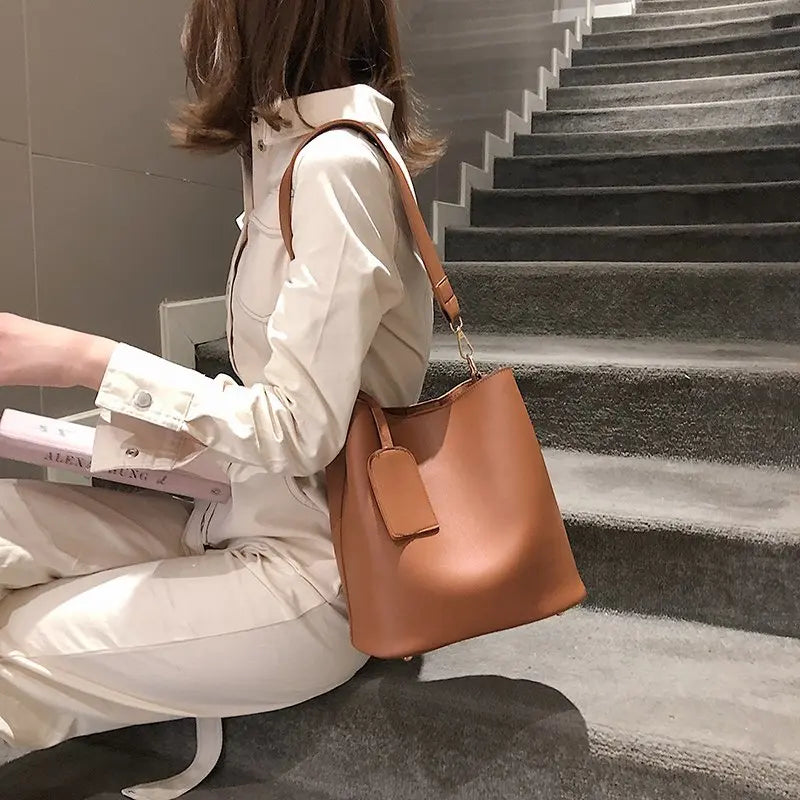 2-piece Set PU Leather Women's Handbags Casual Ladies Tote Bucket Crossbody Bag