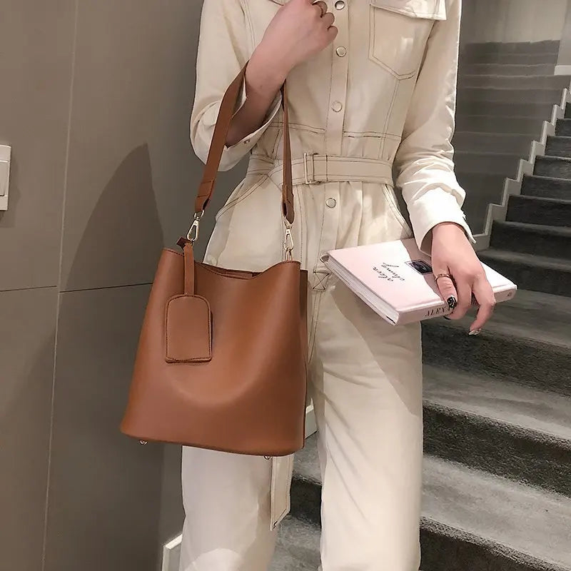 2-piece Set PU Leather Women's Handbags Casual Tote Female Bucket Shoulder Bag