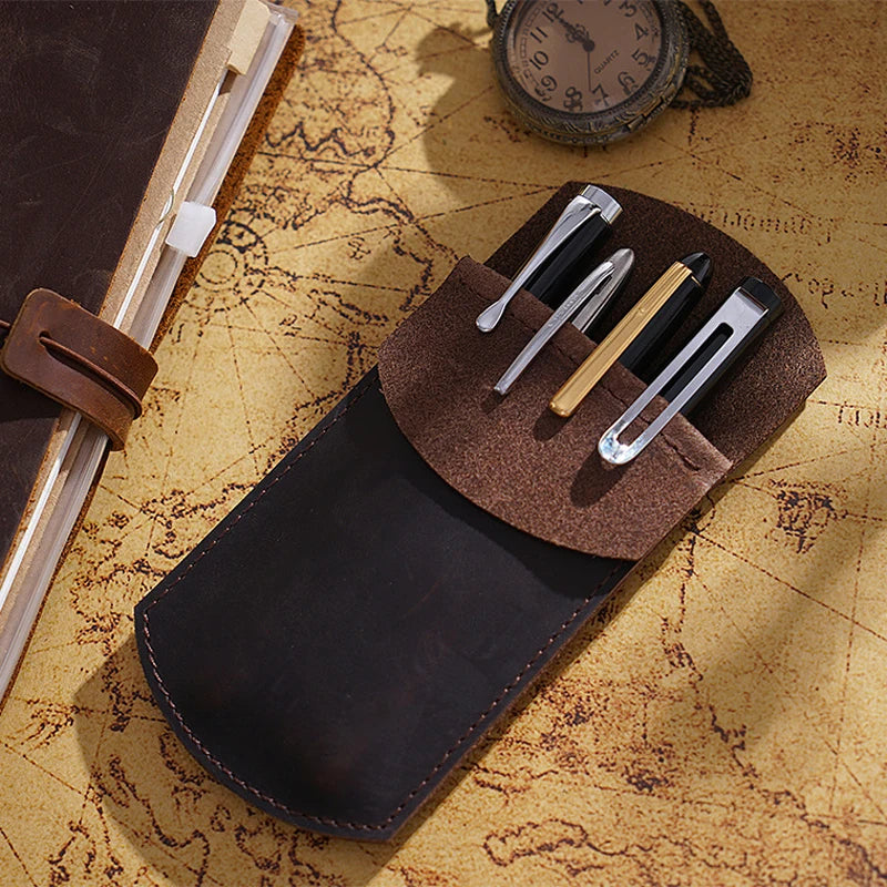 Leather Pen Holder Cowhide Vintage Pen Case Bag Crazy Horse Office School