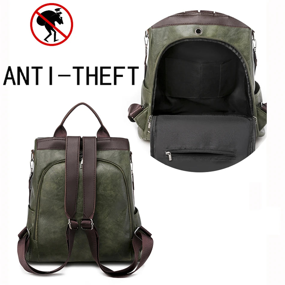 Retro PU Leather Backpack Women Girls Shoulder Bags Anti-theft Travel Bag