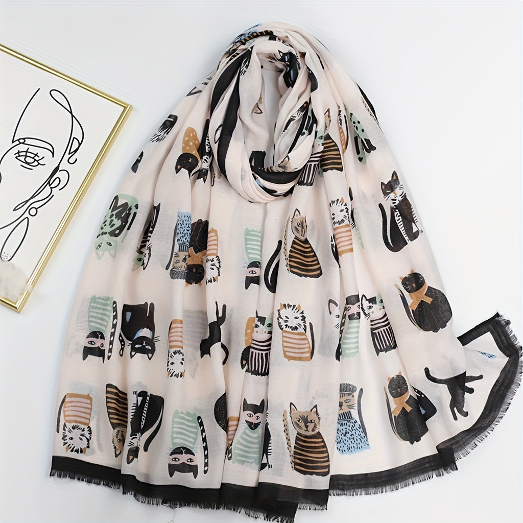 Kitty Printed Scarf Frayed Edge Cartoon Pattern Shawl