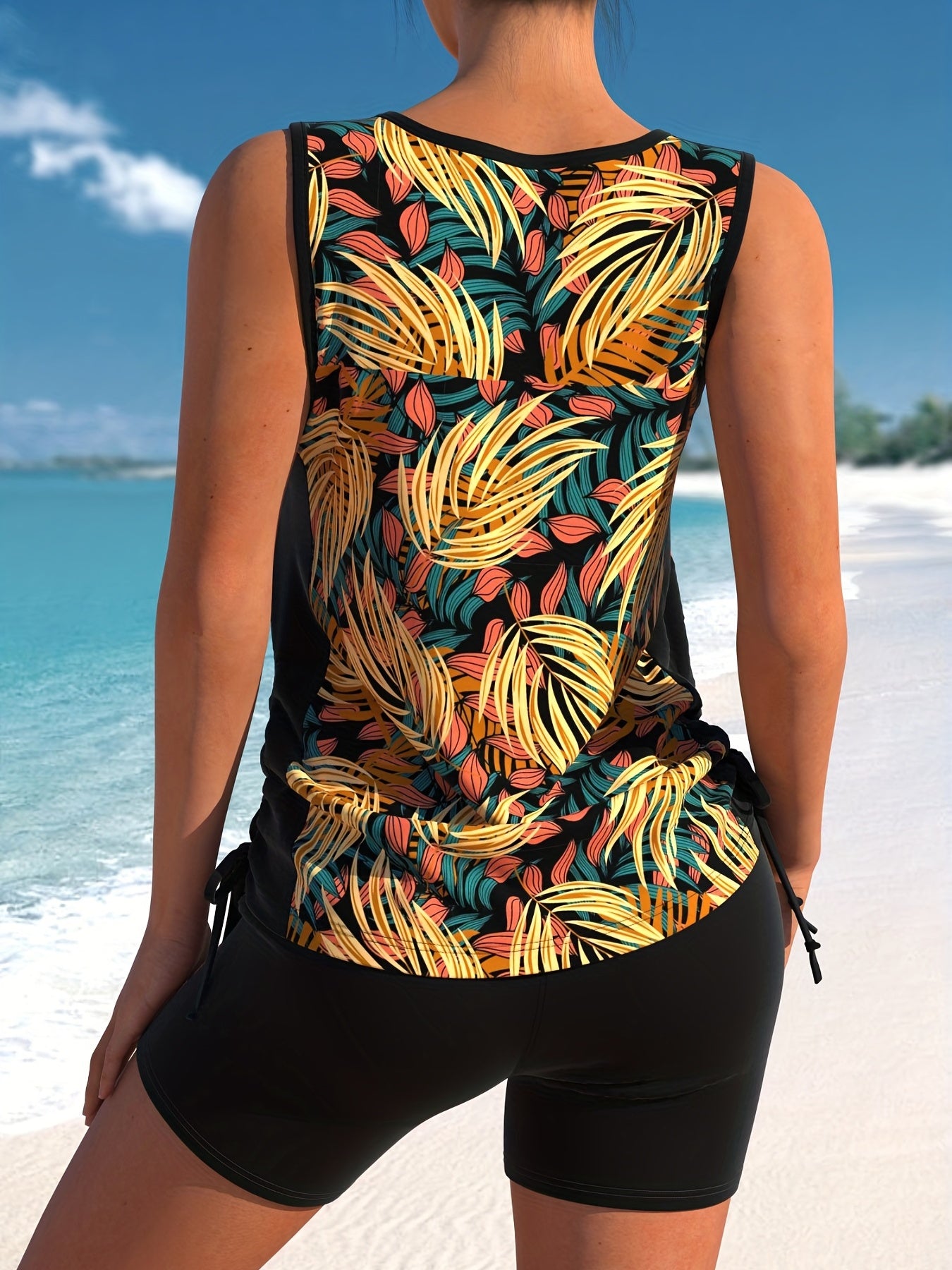  Leaf Print V Neck Tankini Set