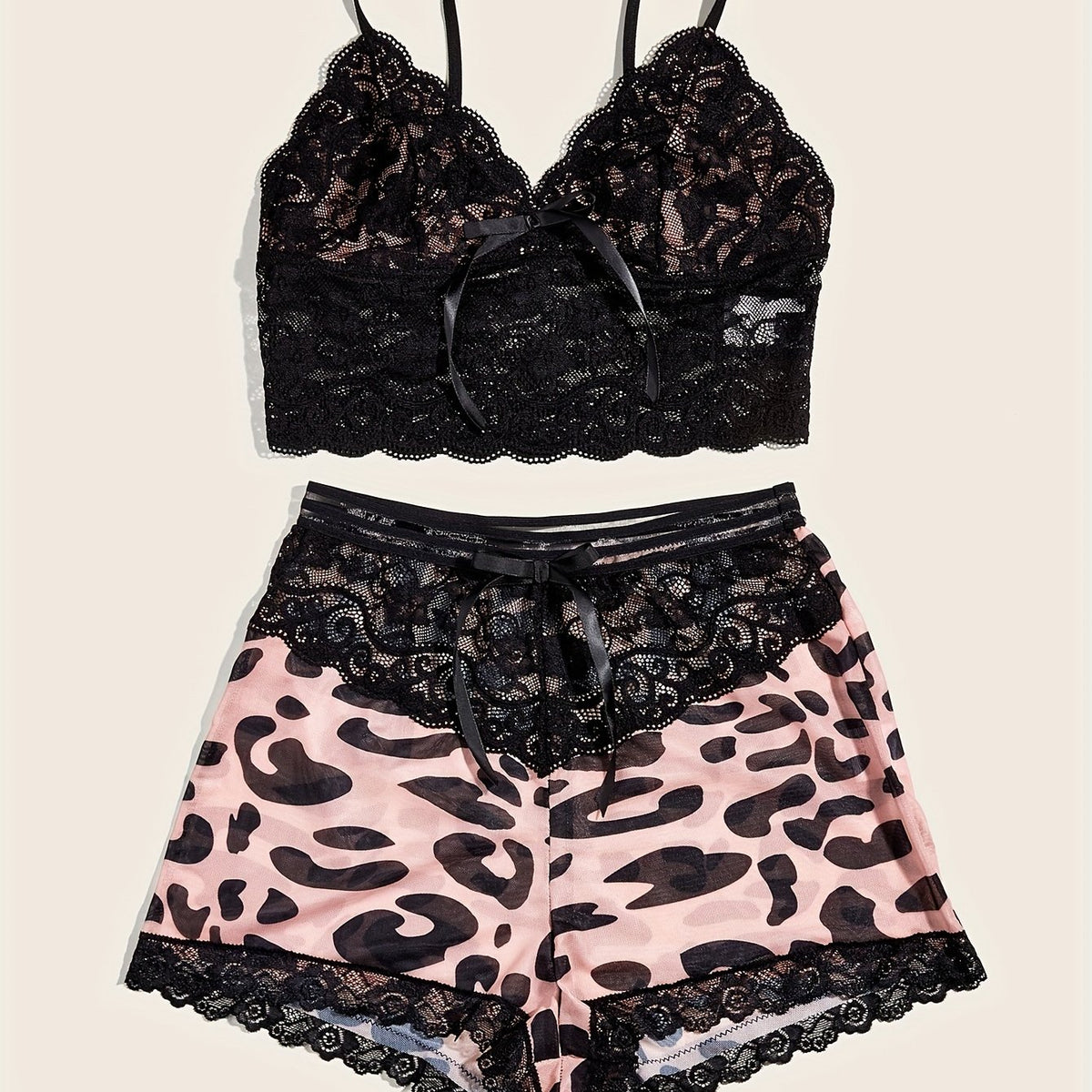 Lace Lingerie Set with Cami Top & Leopard Shorts