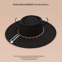 Classic Chain Decor Felt Hat Flat Brim Top Hats Solid Trilby Hat