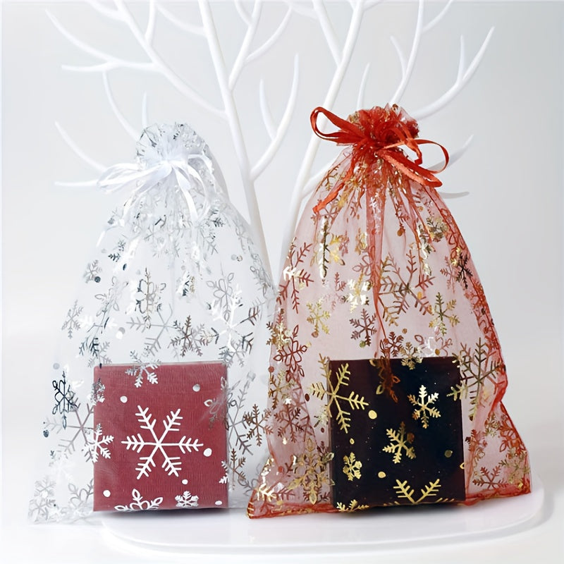 10pcs Snowflake Gilded Gauze Bags for Christmas Parties Wedding Gift Bags