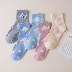 6 Pairs Butterfly Print Socks Comfy & Breathable Mid Tube Women's Stockings