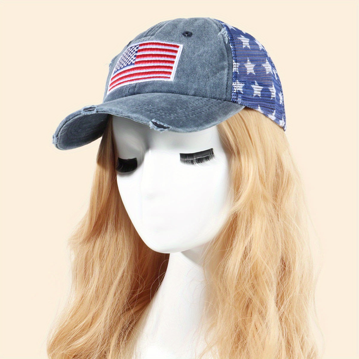 Pentagram Print Mesh Trucker Hat Navy Distressed Baseball Cap