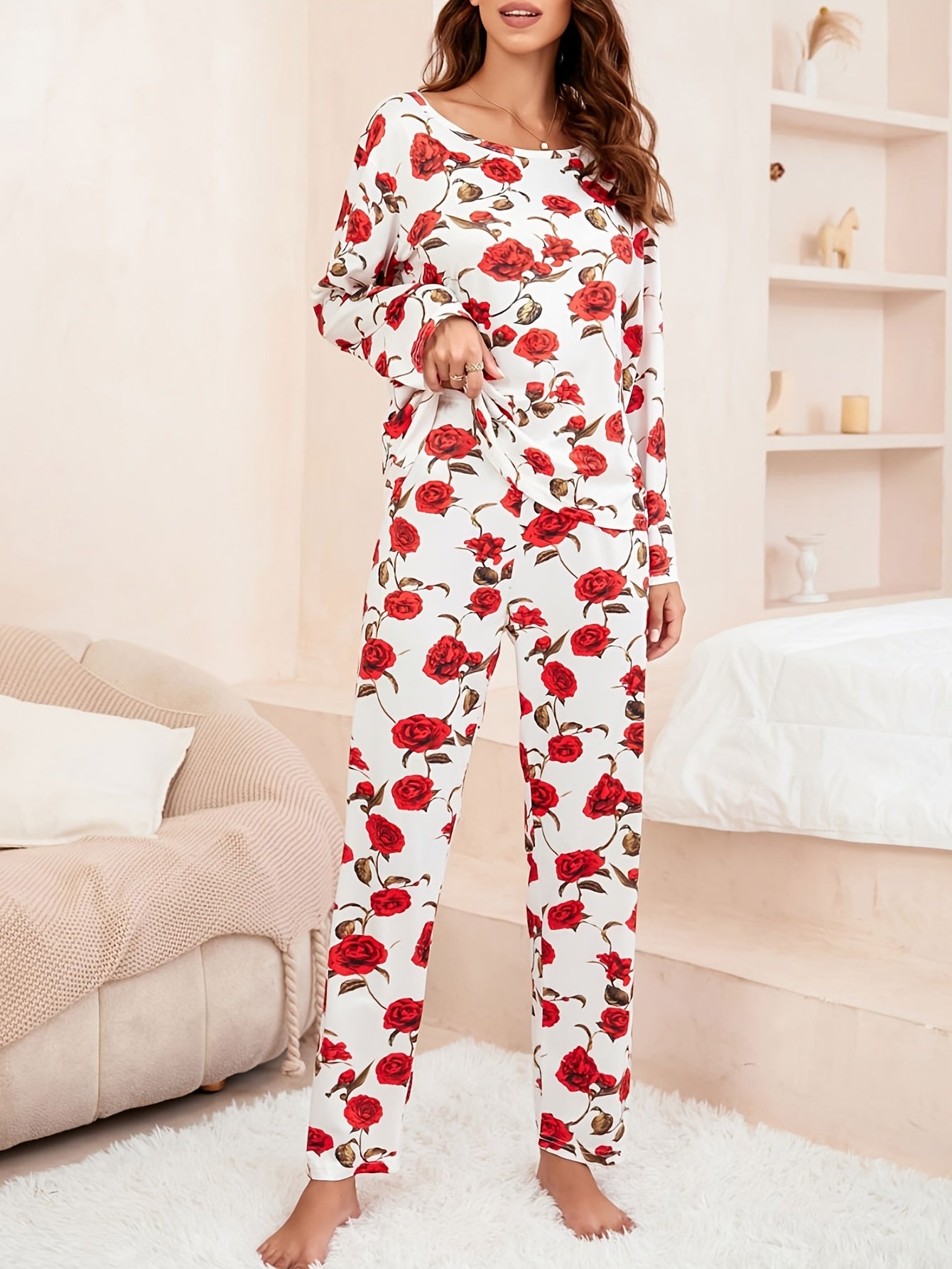 Red Rose Print Pajamas Sets Long Sleeve Top & Pants