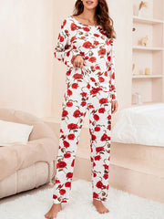 Red Rose Print Pajamas Sets Long Sleeve Top & Pants