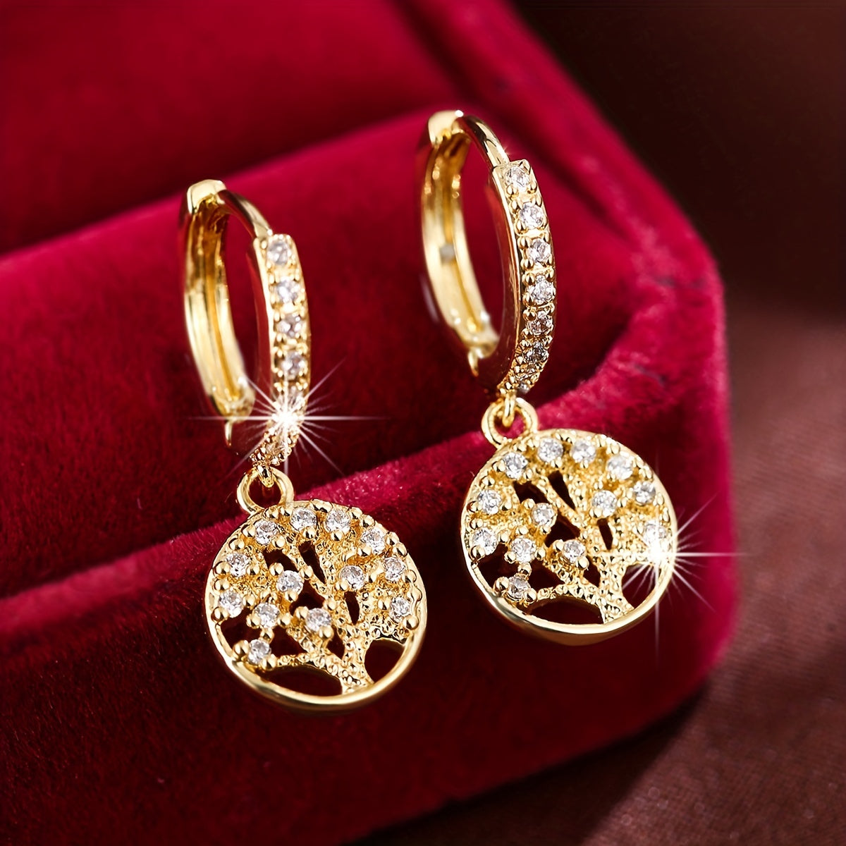 Tree Of Life Zircon Decor Hoop Earrings Minimalist Style Gift
