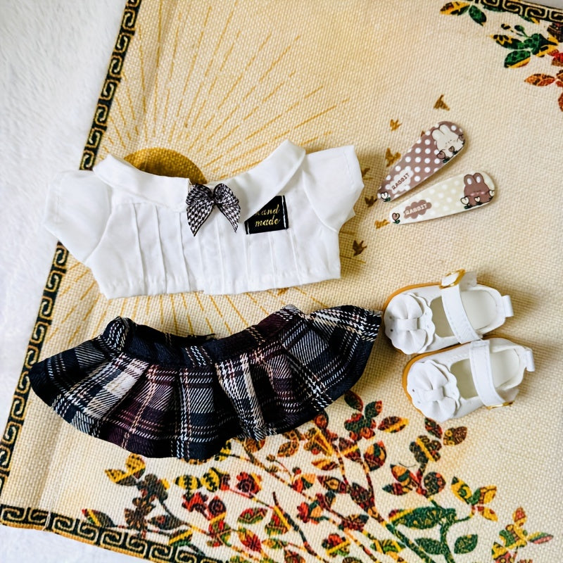 Plush Doll Preppy Style Plaid Clothes Set
