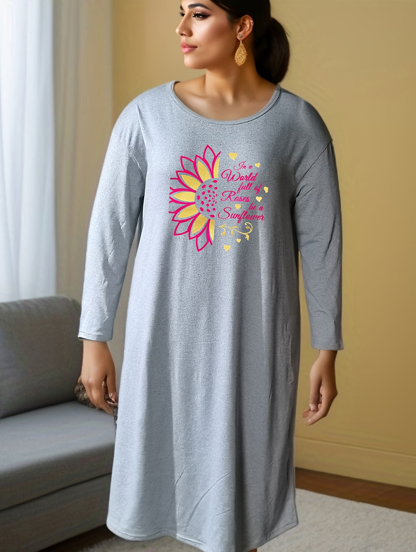  Sunflower & Letter Graphic Long Sleeve Tee Home Dress