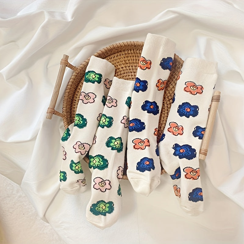 4 Pairs Floral Print Socks Comfy & Breathable Mid Tube Socks Women's Stockings