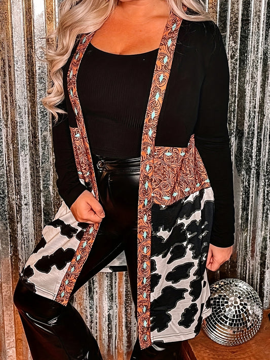 Paisley & Cow Print Long Sleeve Boho Cardigan