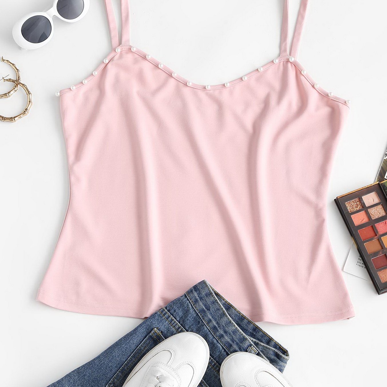  Casual Cami Top Women's Plus Plain Faux Pearl Decor