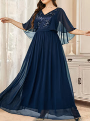  Wedding Dress Embroidered V-Neck Flutter Sleeve Maxi Bridesmaid Dress