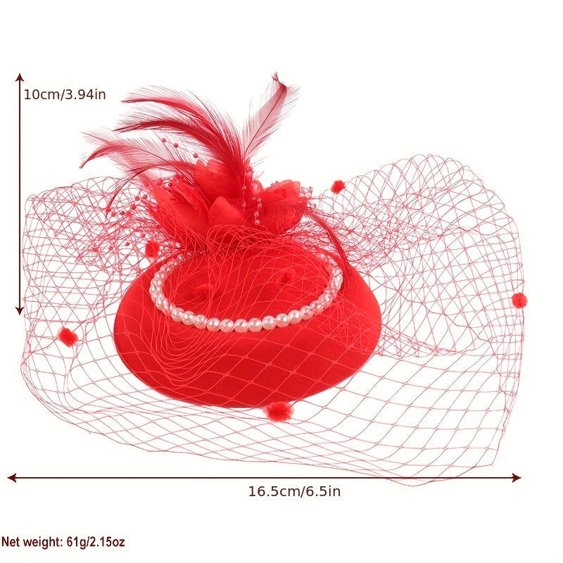 Red Feather Decor Fascinator Hats With Veil Pillbox Hat Hair Clip