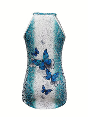 Cutout Butterfly Print Halter Neck Top Sleeveless Summer Casual
