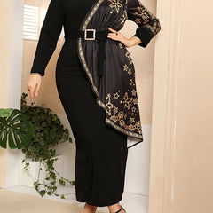  Golden Snowflake Print Colorblock Abaya Dress