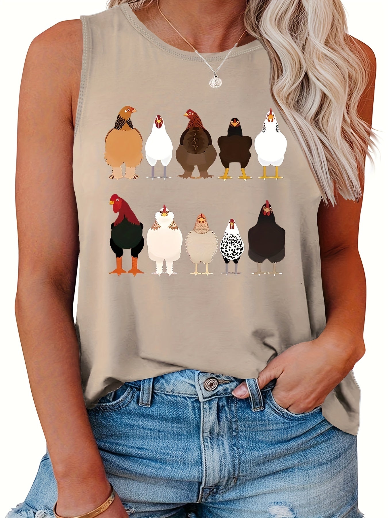  Chicken Print Tank Top Round Neck Casual Slight Stretch