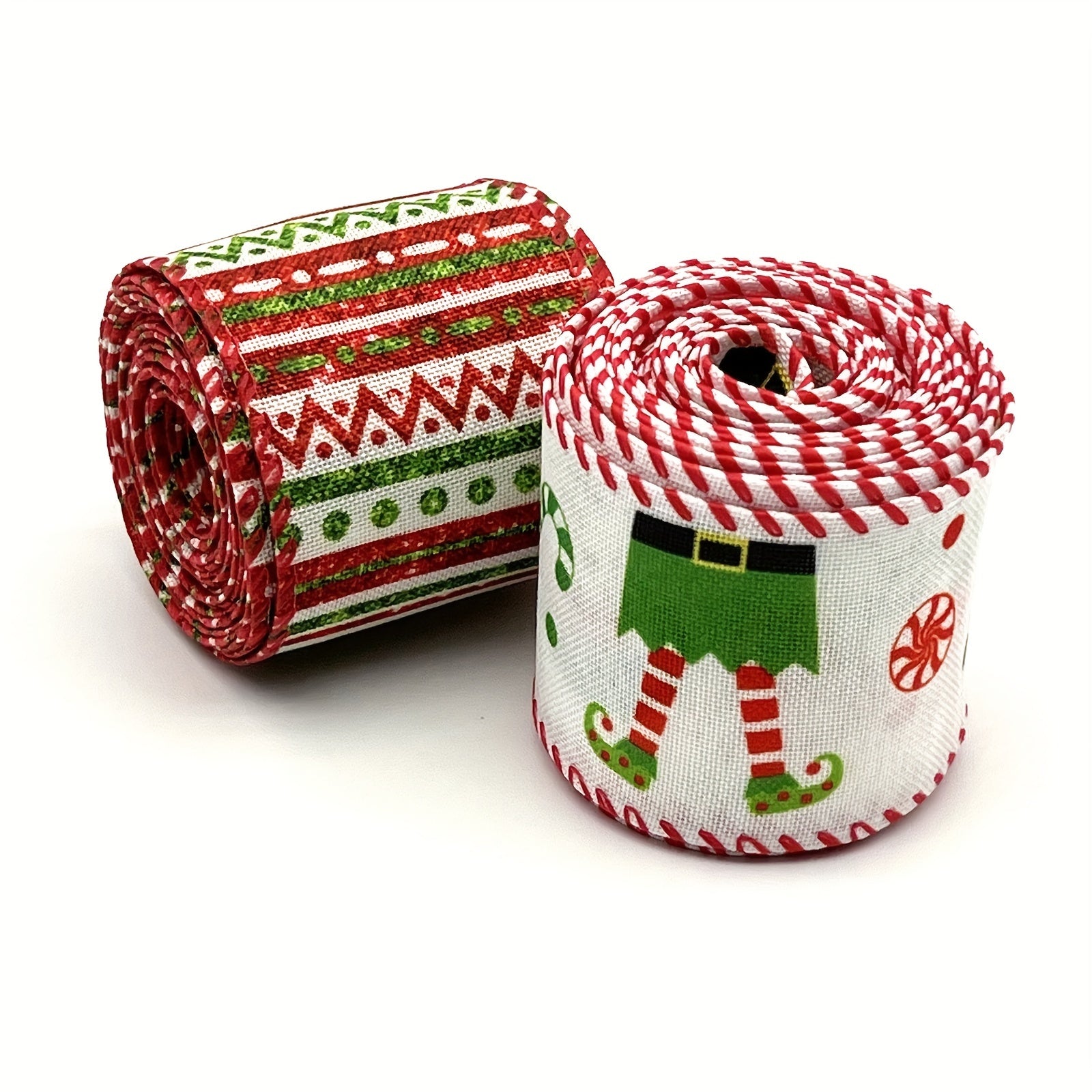 4.57m Christmas Wired Edge Ribbon Little Doll Hats & Legs Stripes Dots Diagonal