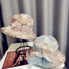 Flower Print Bucket Hat Ribbon Bow Decor Sun Hats Lightweight