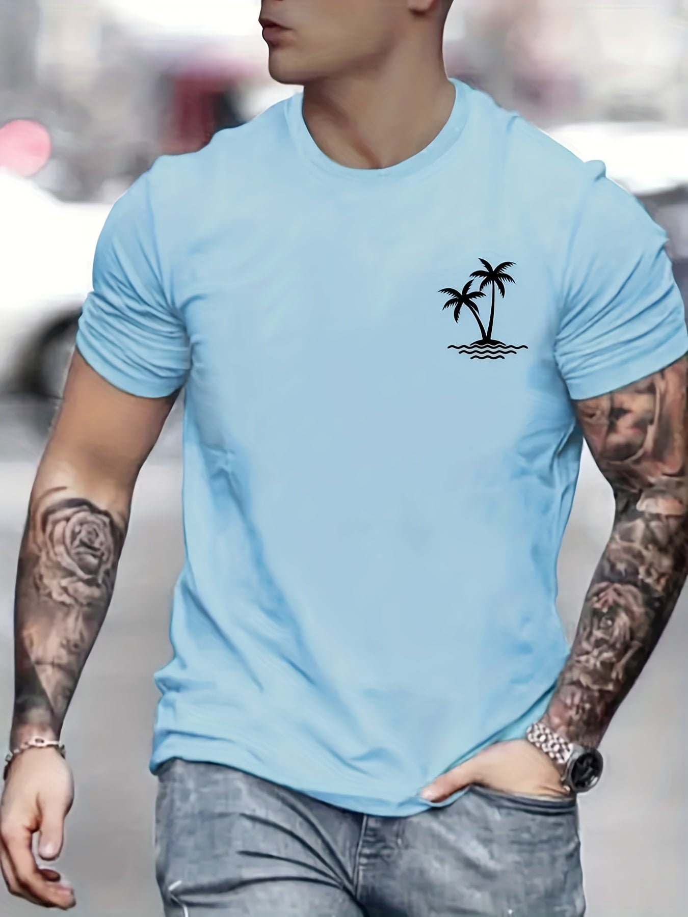 Palm Tree Pattern Top Casual Stretch Short Sleeve Crew Neck T shirt