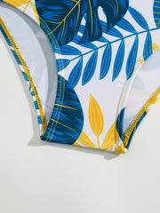 2pc Tropical Leaf Print One Piece Swimsuit & Cover Up Kimono