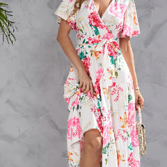  Floral Print Butterfly Sleeve Smock Pleated Dress