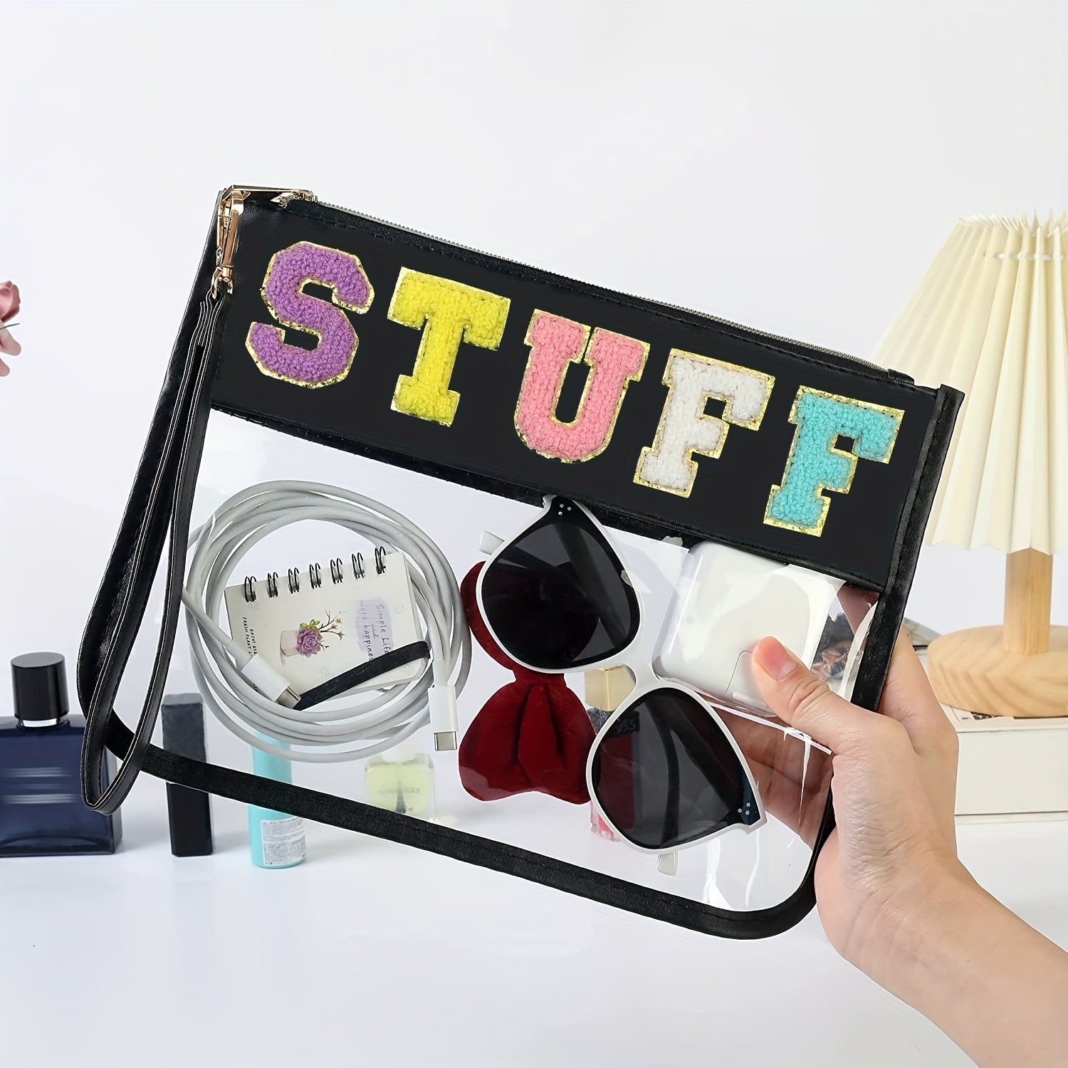 Chenille Letter Zipper Pouch Makeup Bag Clear Waterproof Toiletry Snack Bag